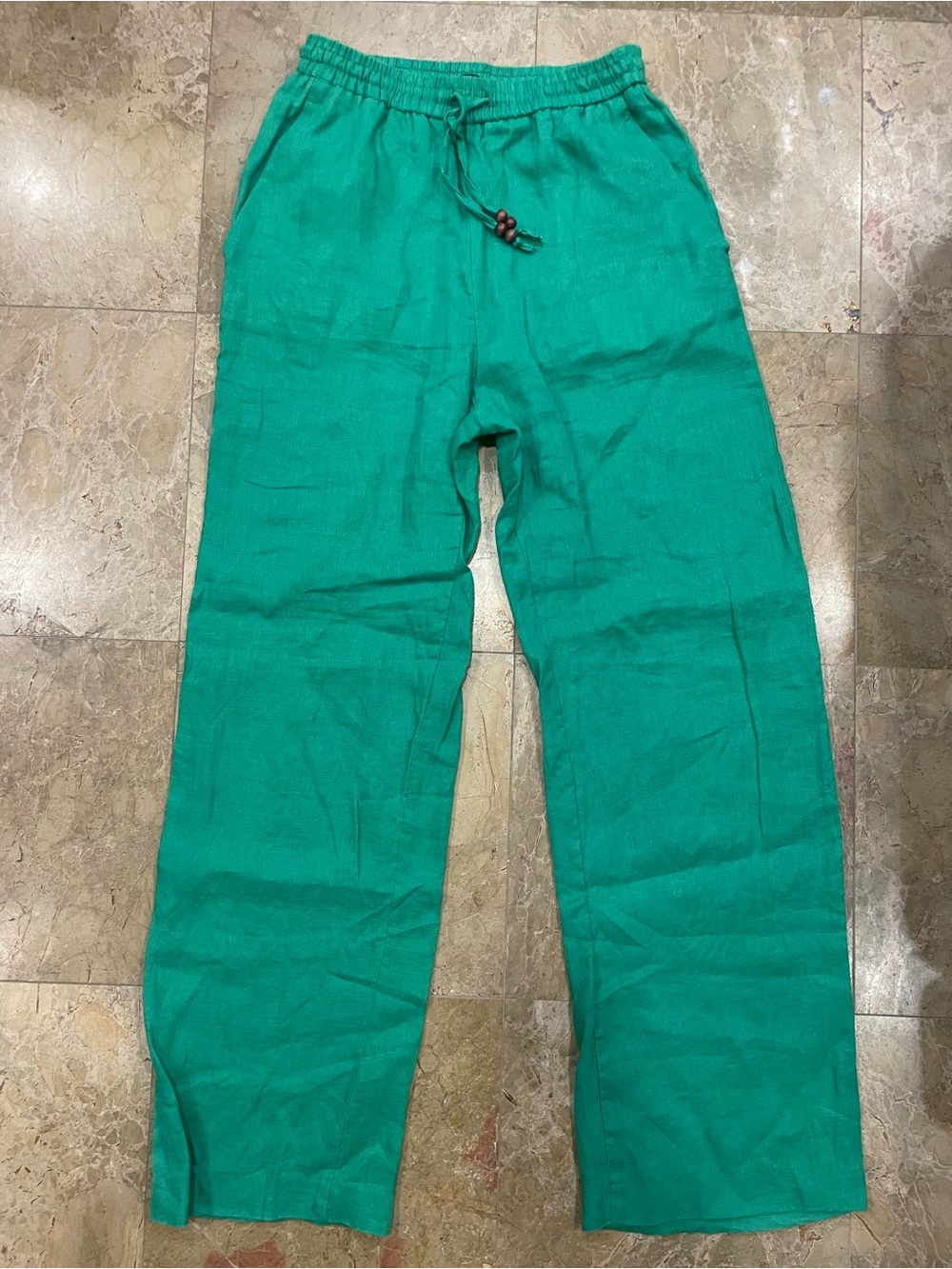 Zara Emerald Green Wide Leg Linen Drawstring Pants S (Small Hole)